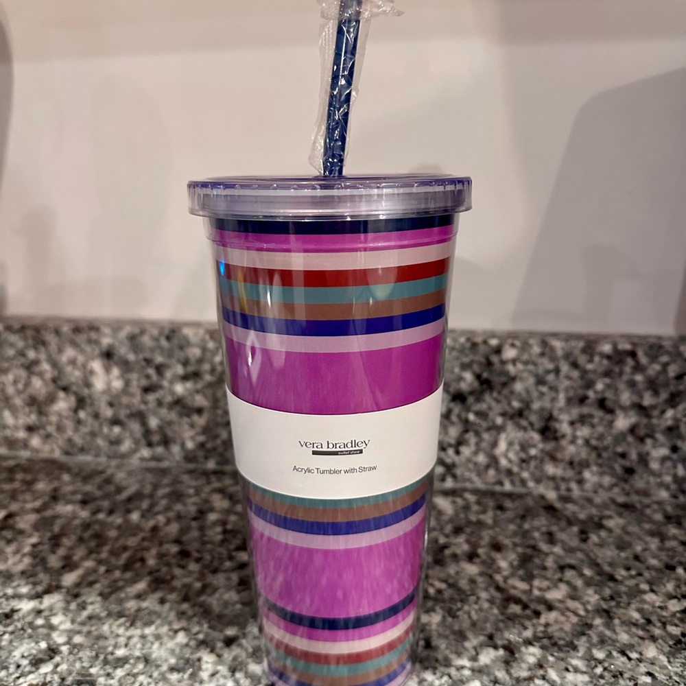 Vera Bradley Striped “Retro Ribbons” Acrylic Tumbler with Straw